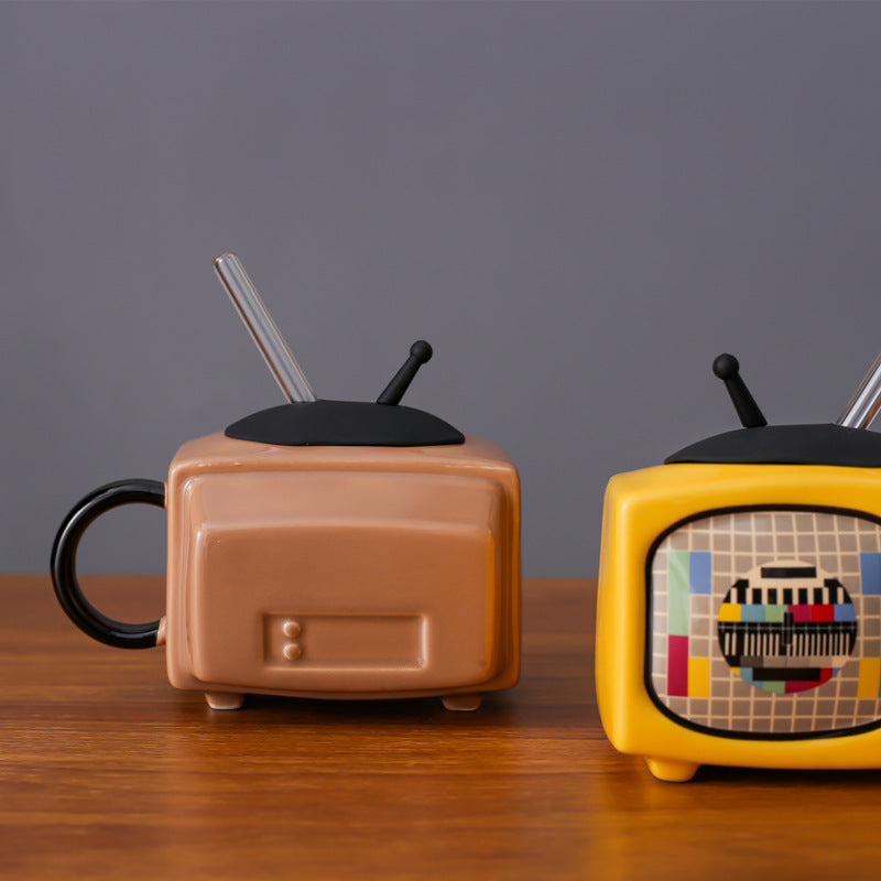 Creative Retro TV Ceramic Cup with Lid and Handle - 450ml, Multiple Colors