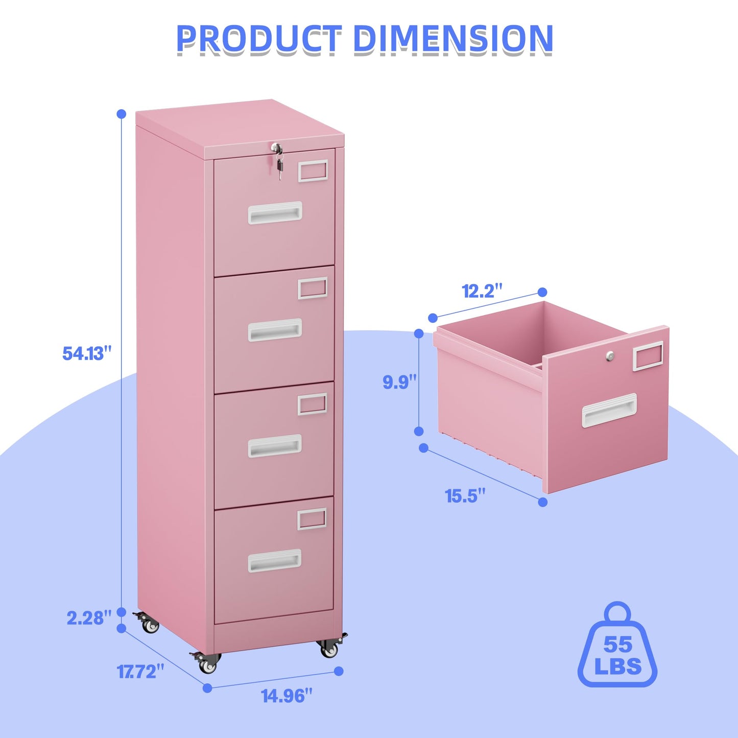 4 Drawer Lockable File Cabinet on Wheels - Pink