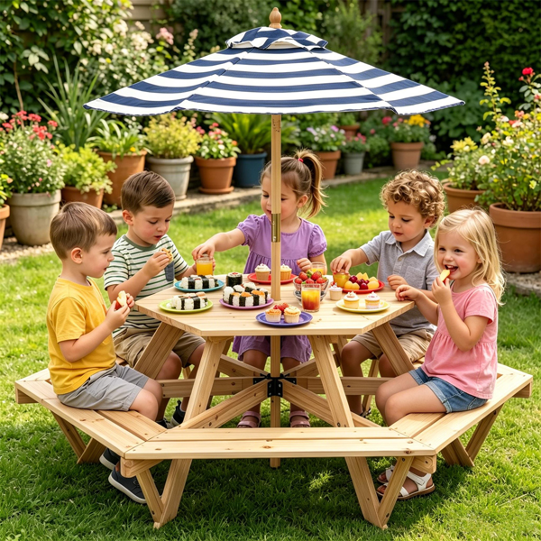 Kids Hexagonal Picnic Table with Umbrella - 6 Seats, Solid Wood Outdoor Set