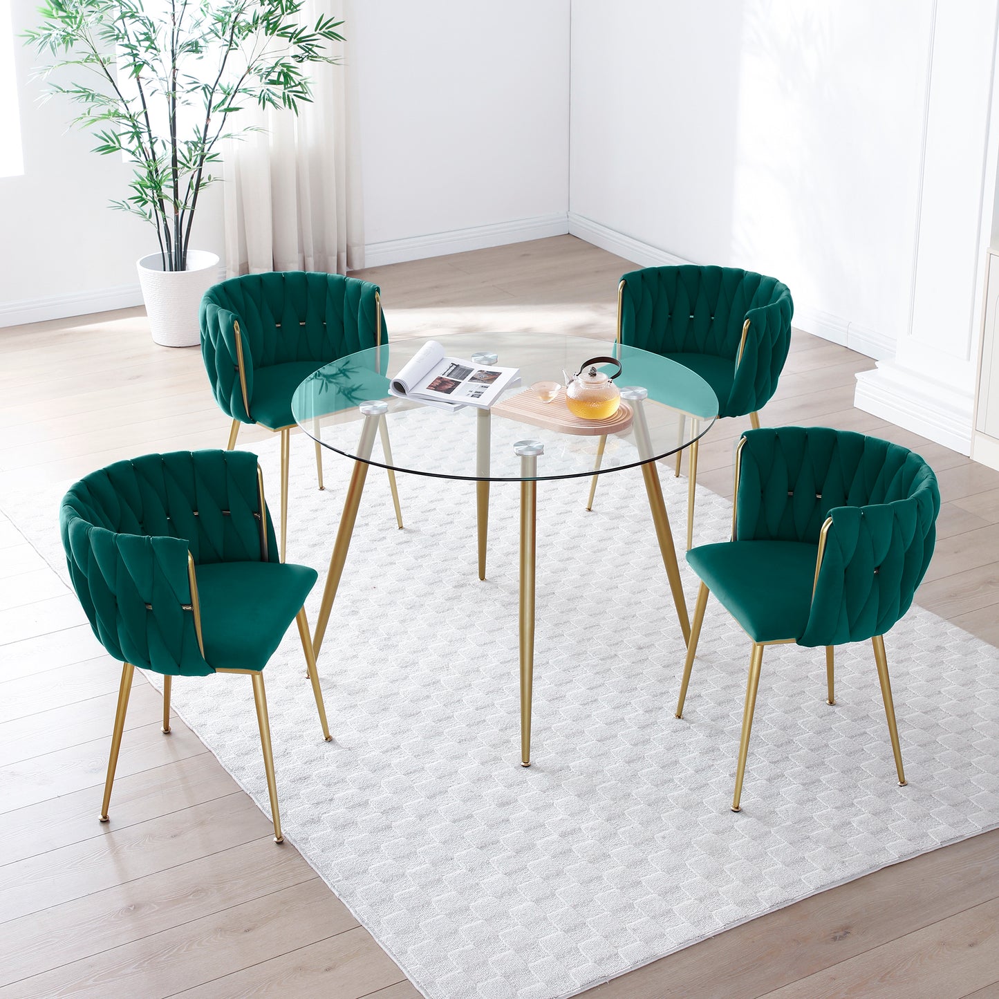 Green Velvet Dining Chairs Set of 2 with Gold Metal Legs