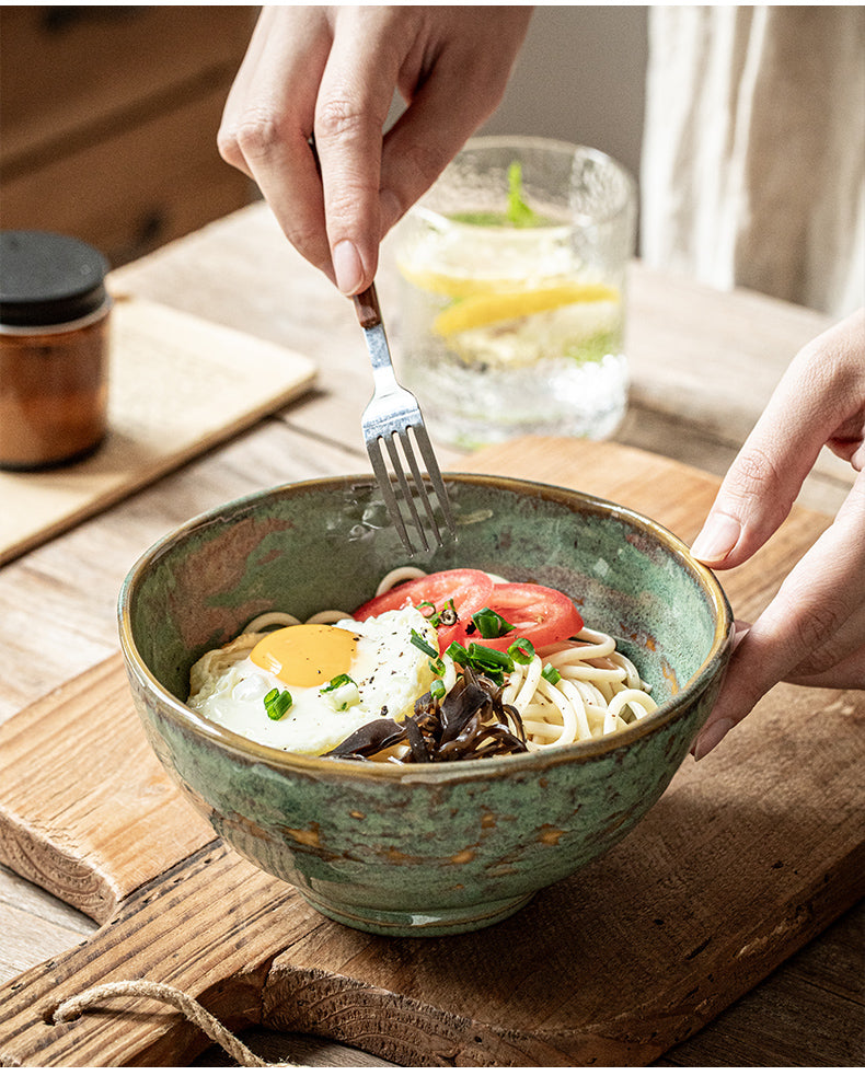 Ceramic Noodle & Rice Bowl Set - Green Glaze Kiln, 5.5 & 6.5 Inch