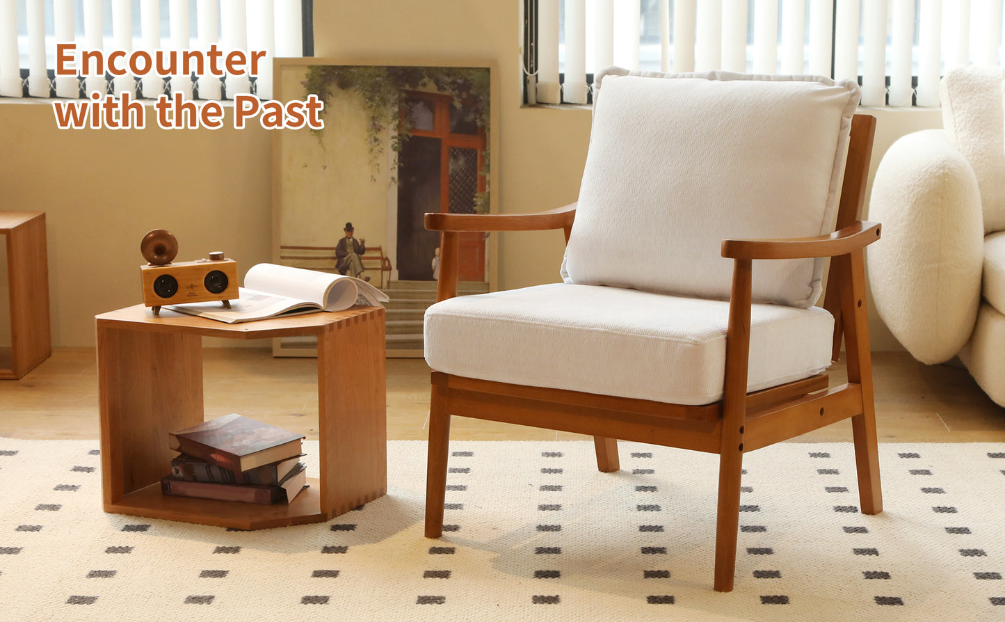 Accent Chair with Solid Wood Frame - White Fabric Cushion