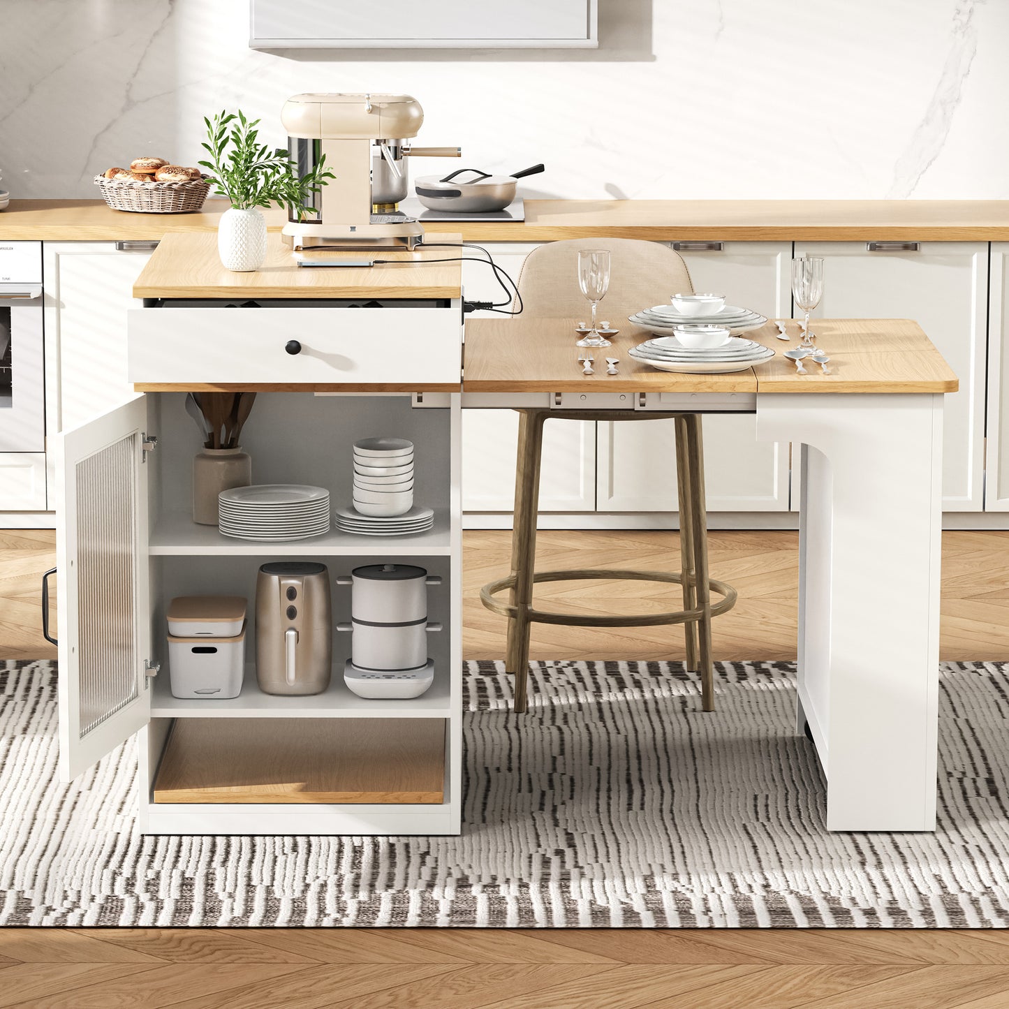 K&K 59.5 Kitchen Island With Extendable Dining Table, Storage Table