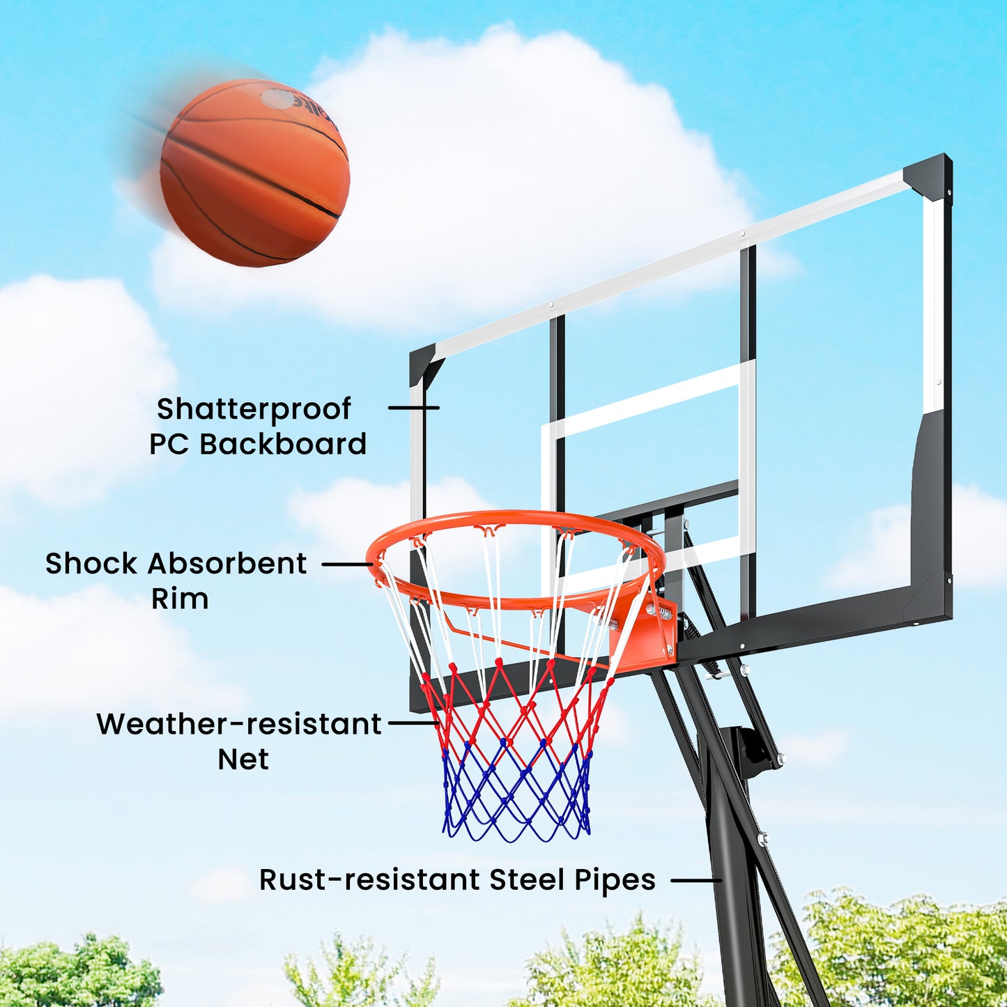 Adjustable Portable Basketball Hoop - 8-10ft Height, 47" Backboard