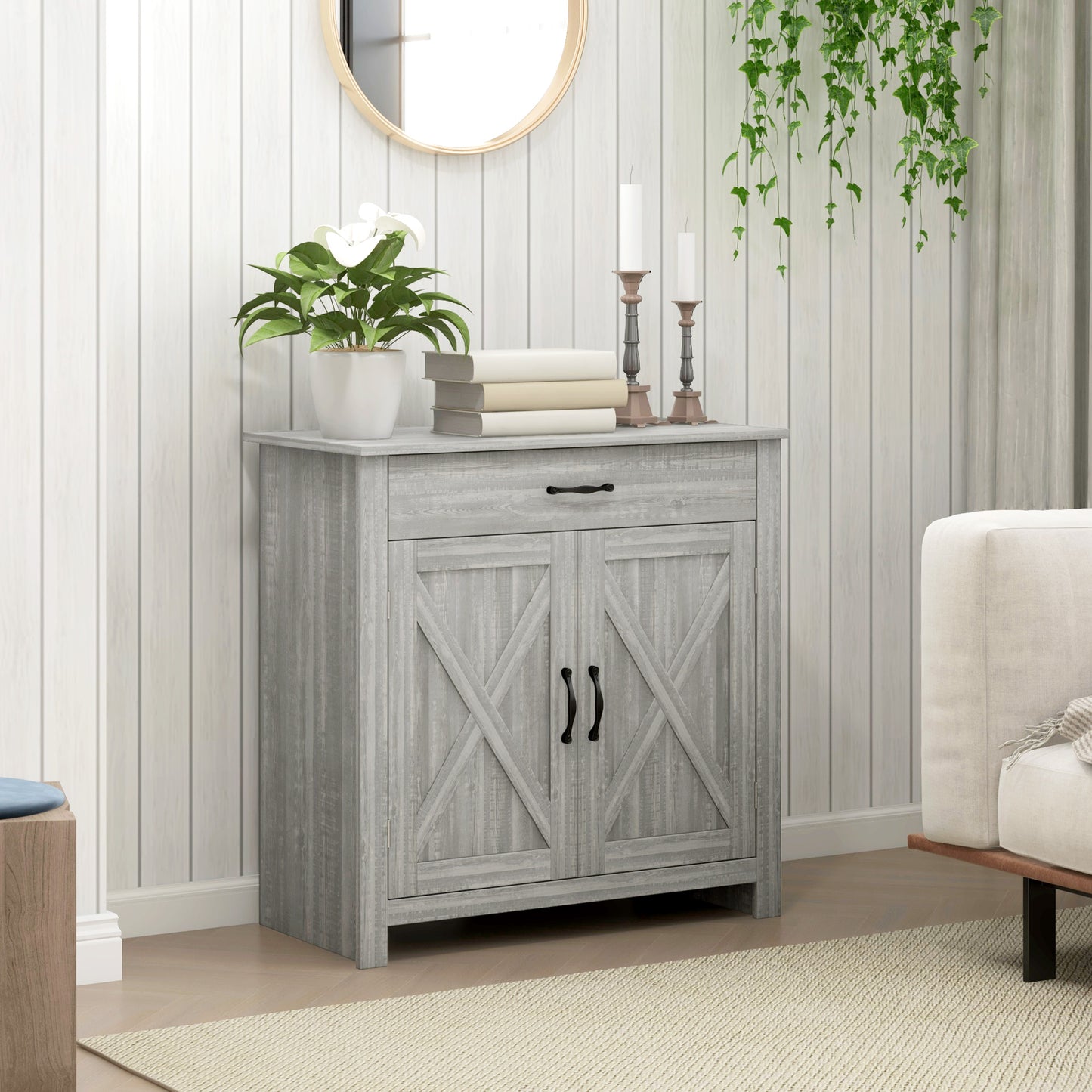 Farmhouse Sideboard Cabinet with Barn Doors - Stone Gray