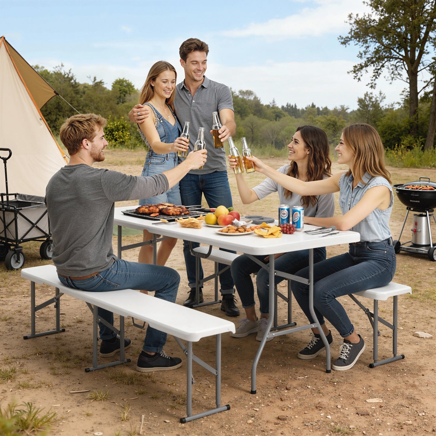 Portable Folding Picnic Table and Chairs Set - White