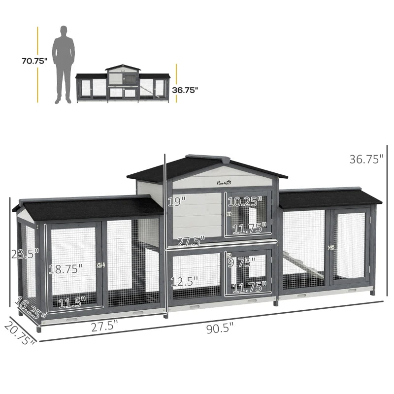 Outdoor Wooden Rabbit Hutch with Run Boxes & Ramp - Light Gray Pet Enclosure