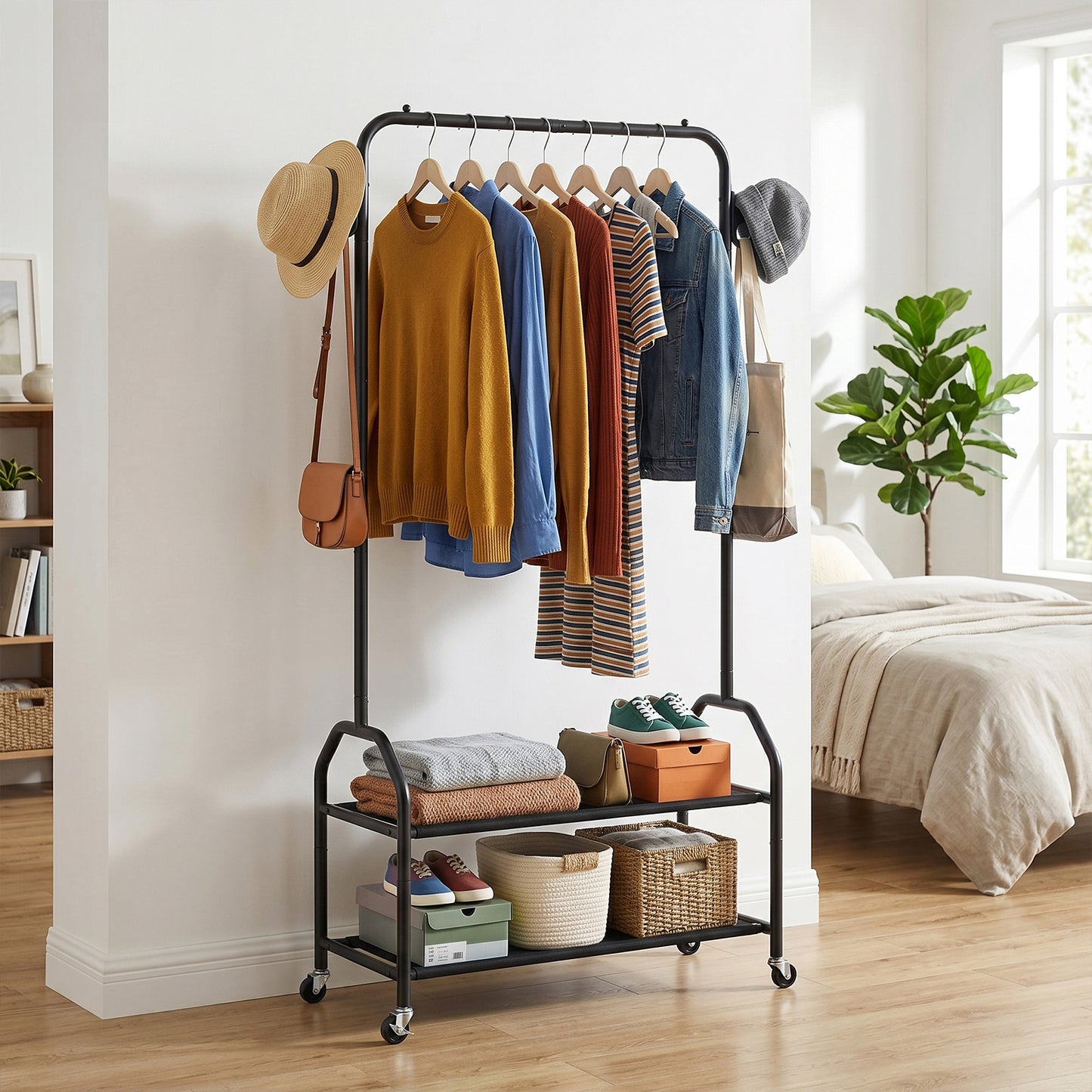 Rolling Clothes Rack with 2 Tier Shelves - Black