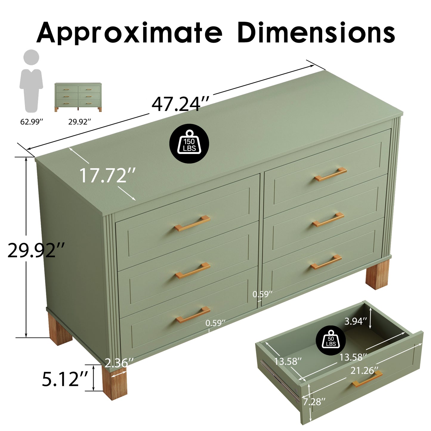 6-Drawer Double Dresser - Sage Green Modern Storage Cabinet
