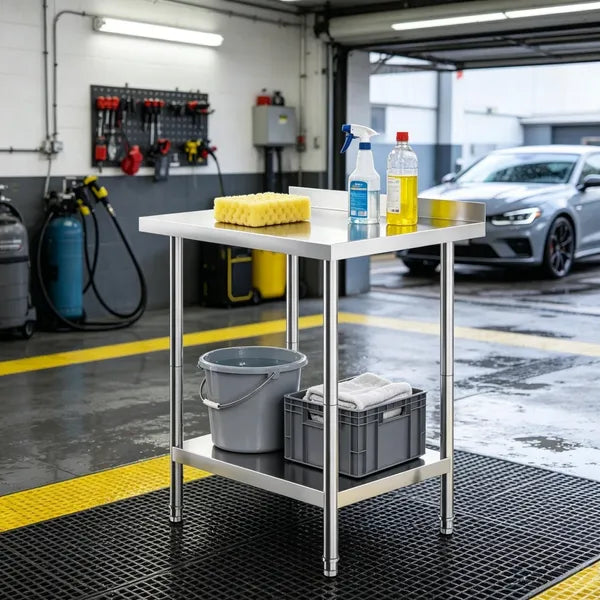Sleek Metal Work Table With Easy To Clean And Adjustable Shelves For