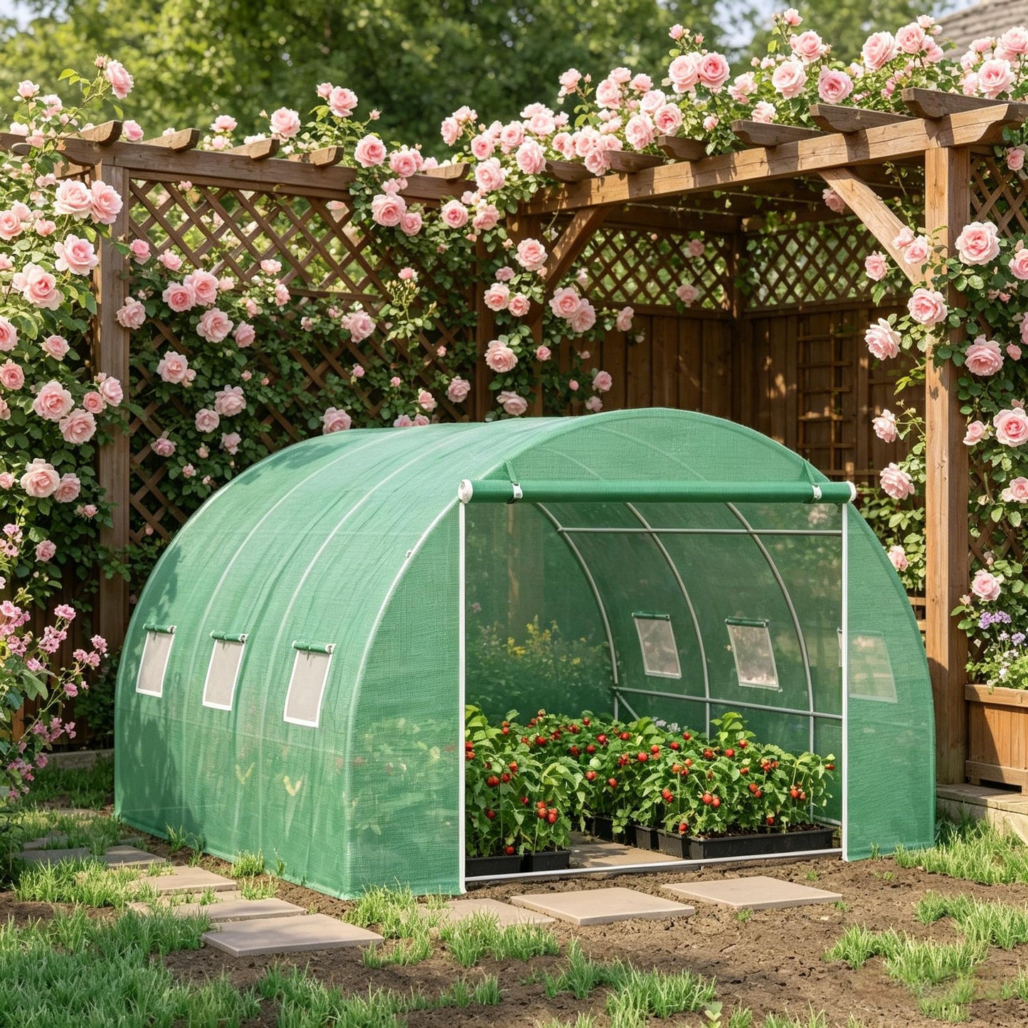 Walk-In Tunnel Greenhouse with Roll-Up Windows - Green