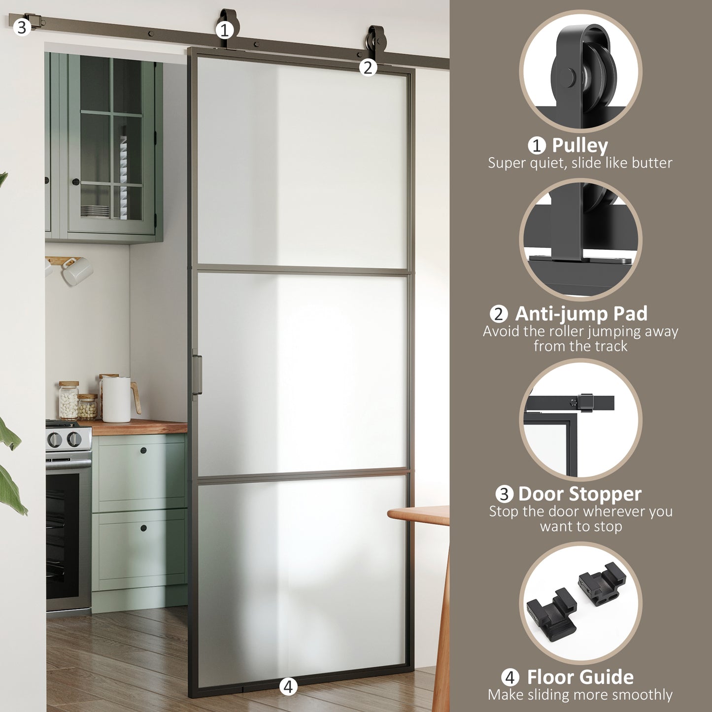 36 x 84-Inch Frosted Tempered Glass Sliding Door Kit with Hardware & Handle - Black