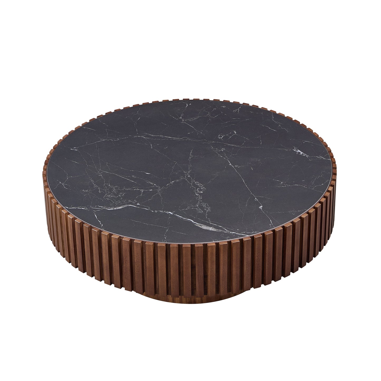 Modern Round Coffee Table with Sintered Stone Top - Walnut