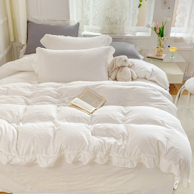Instagram-Style White Bedding Set - Princess Water-Washed Cotton, 4-Piece Duvet Cover Set