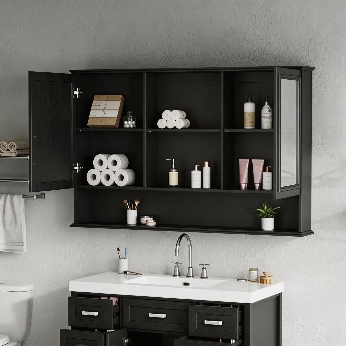 60" Wall-Mounted Bathroom Medicine Cabinet with Mirrored Doors