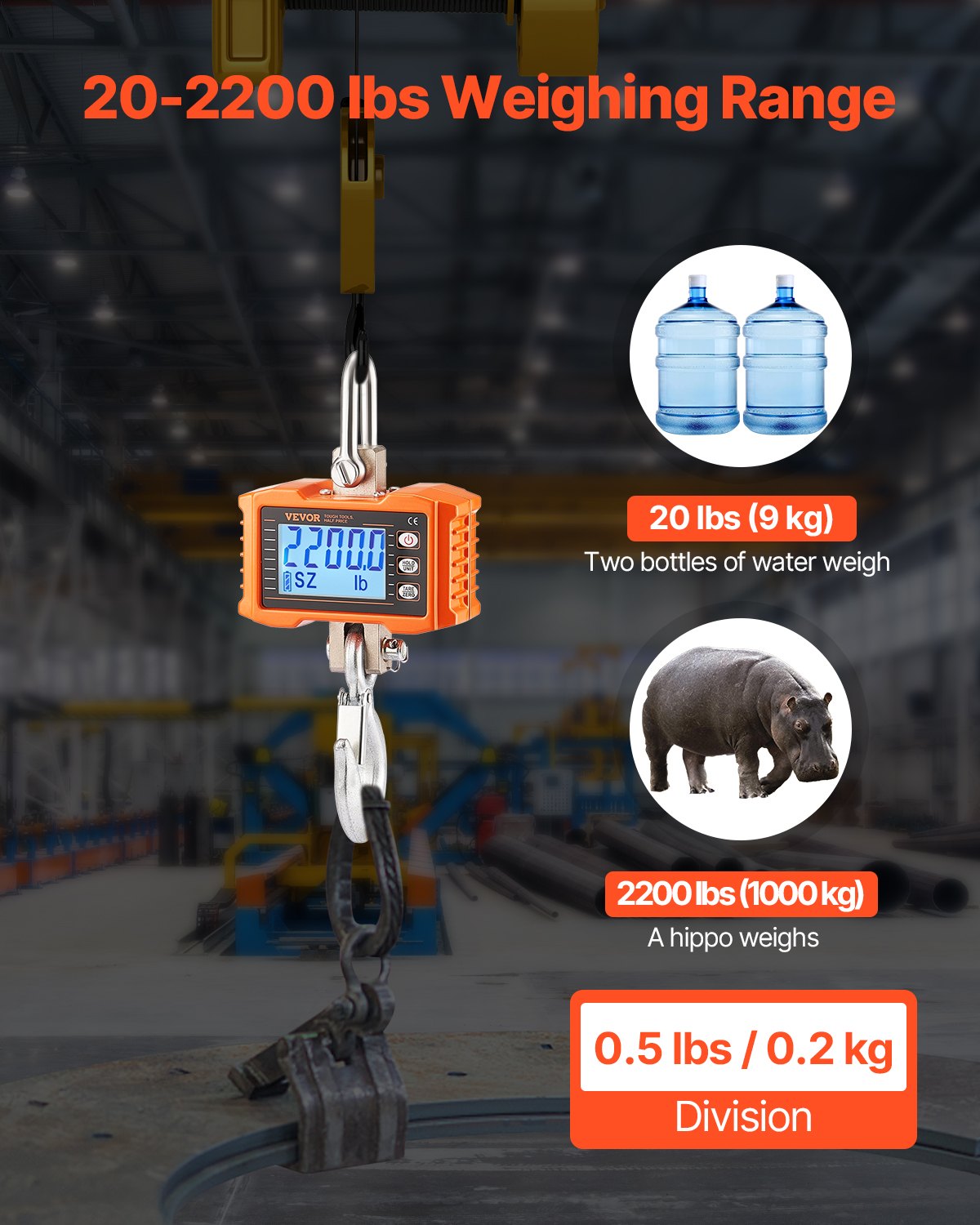 Digital Crane Scale 2200 Lb / 1000 Kg Heavy Duty Hanging Scale Orange