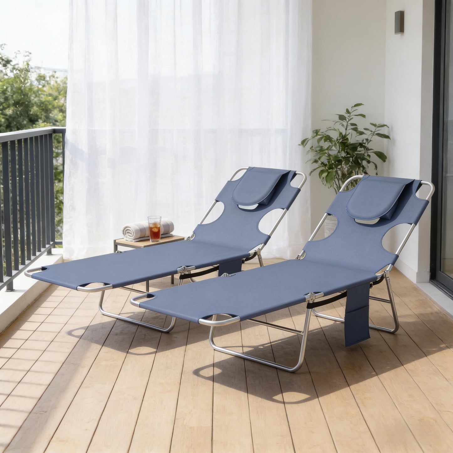 Adjustable Folding Tanning Chairs - Set of 2 Gray Loungers