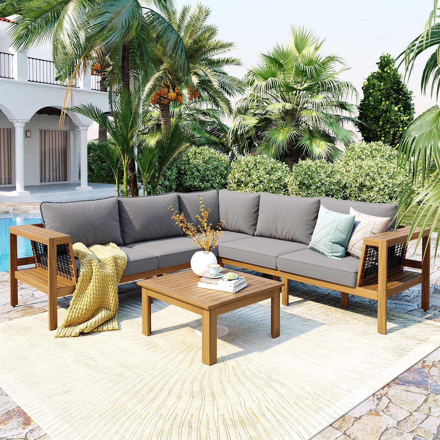 4 Pieces Outdoor Acacia Wood Sofa Set, Woven Mesh Armrests, L-Shaped