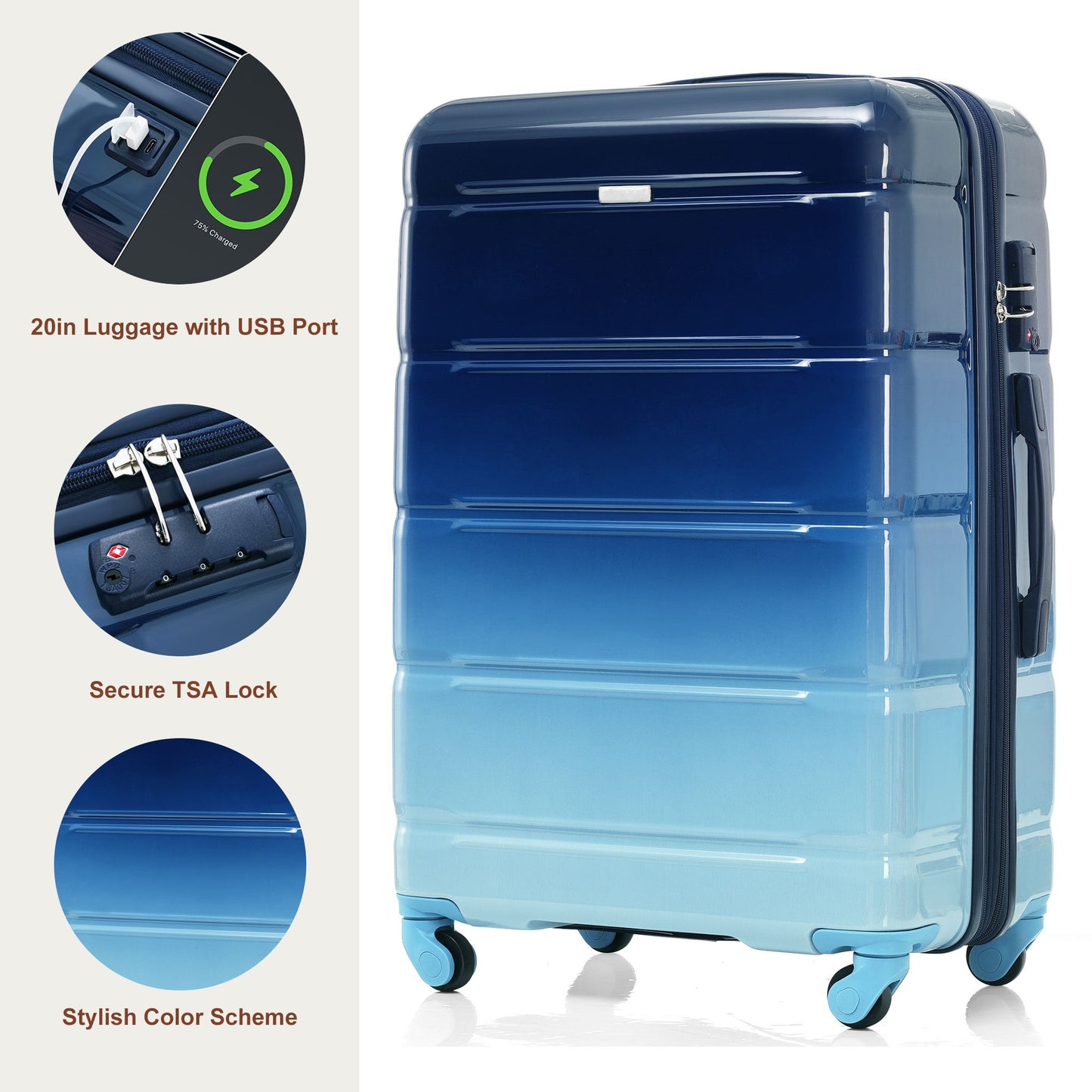 20-Inch Carry-On Luggage Set with USB Port - Gradient Blue