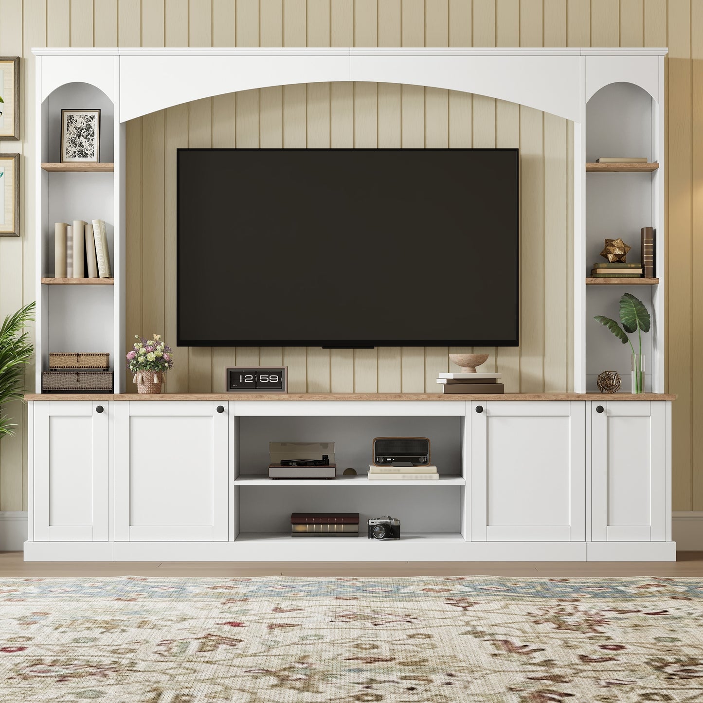 Elegant Arched TV Stand with Bookshelf - White Media Console for TVs Up to 70"