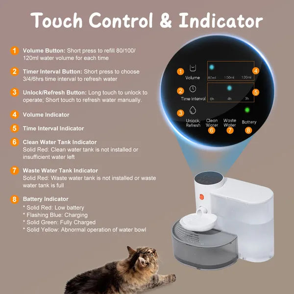 Automatic Pet Water Fountain 3L Cordless Rechargeable Cat & Dog Dispenser with Touch Control