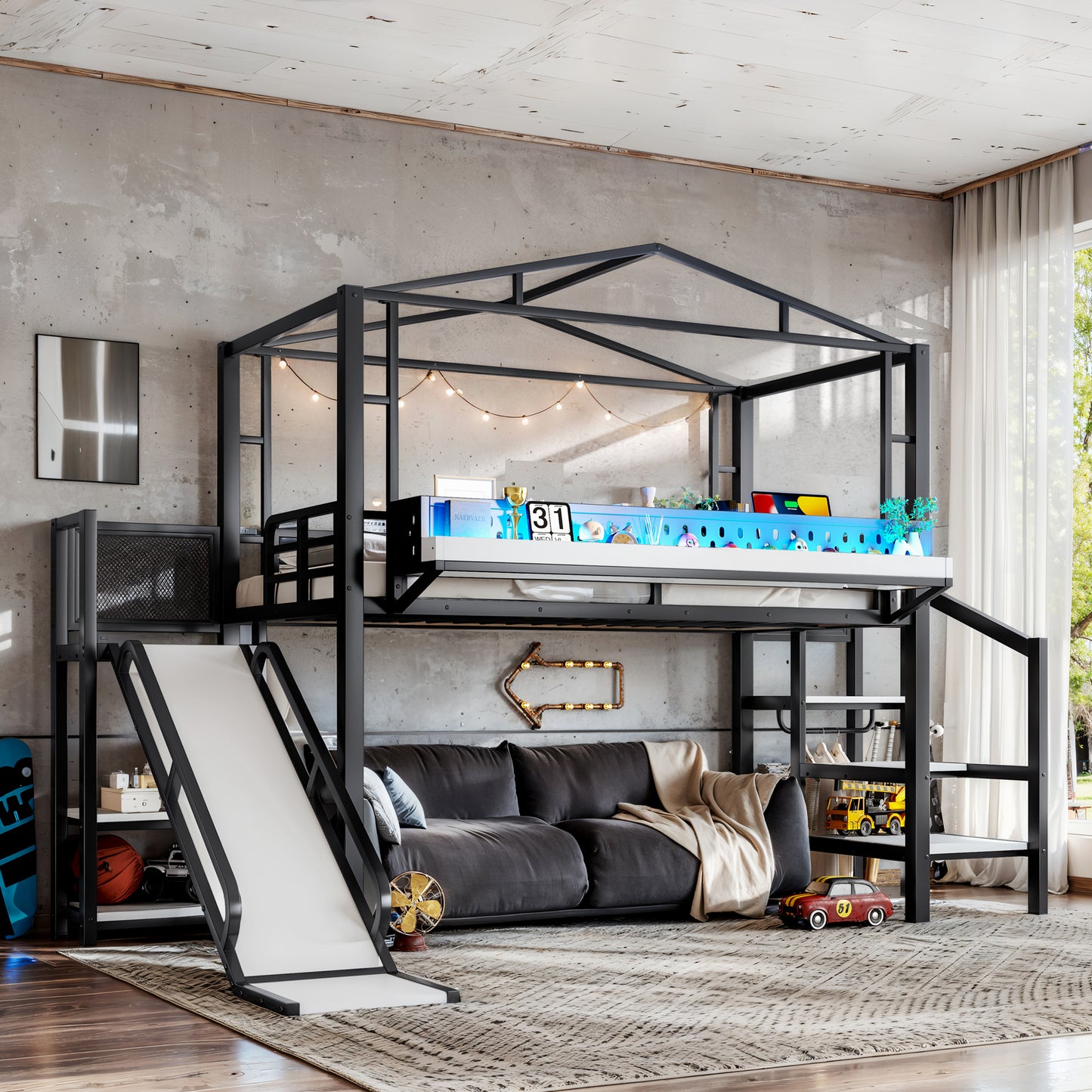 Twin Size Loft Bed with Storage Stairs, USB Ports & LED Lights - Black