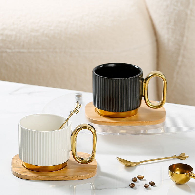 Ceramic Coffee Mug Set with Wooden Coaster and Spoon - Multiple Colors & Capacity