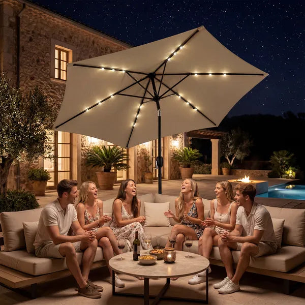 9ft Solar Patio Umbrella with LED Lights - Waterproof Beige