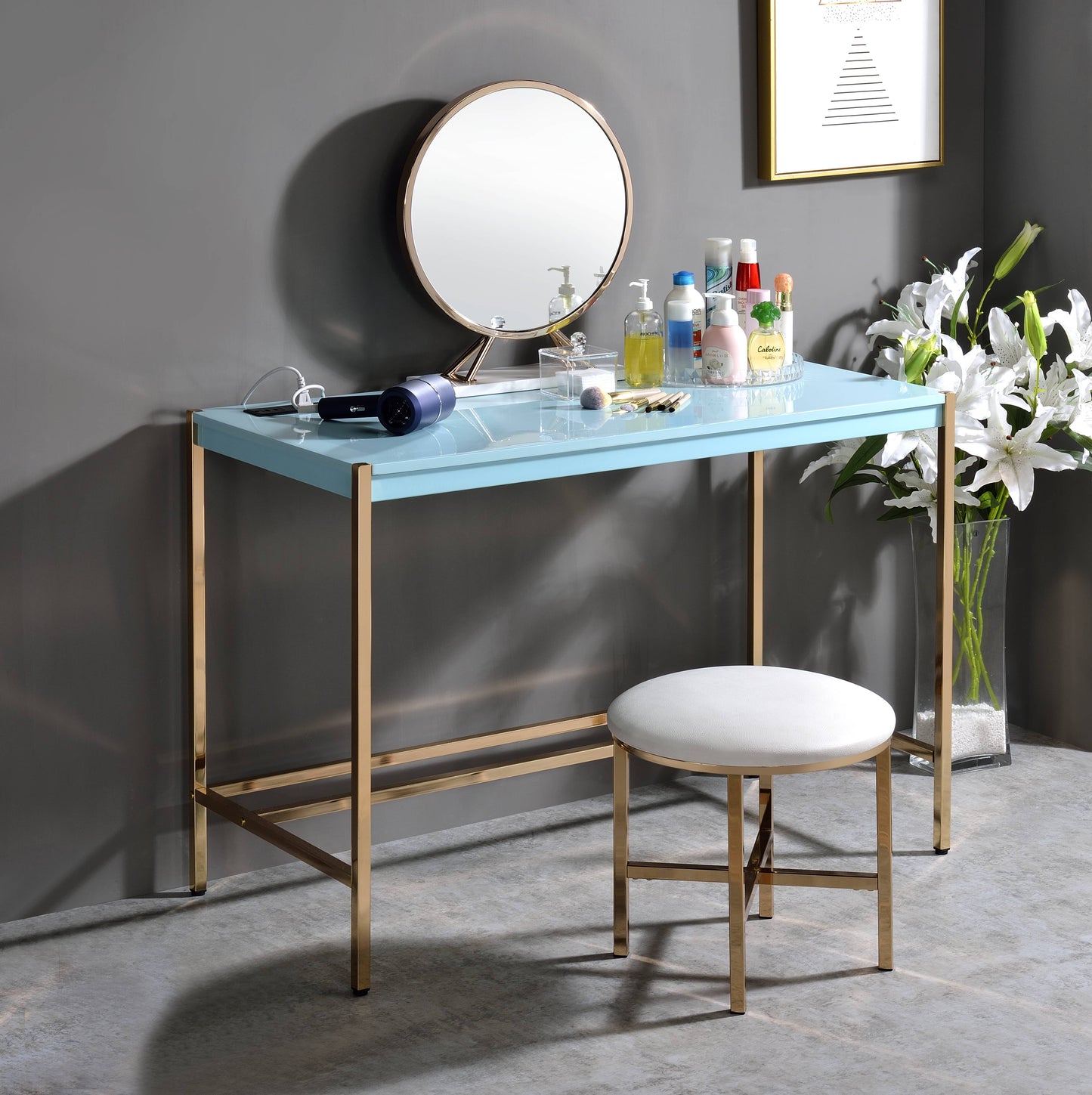 Modern Baby Blue & Gold Writing Desk with USB Port