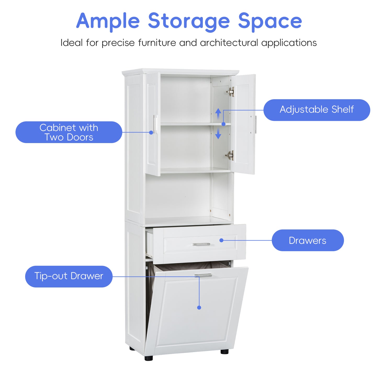 Tall Bathroom Cabinet with Laundry Basket - White Storage Unit