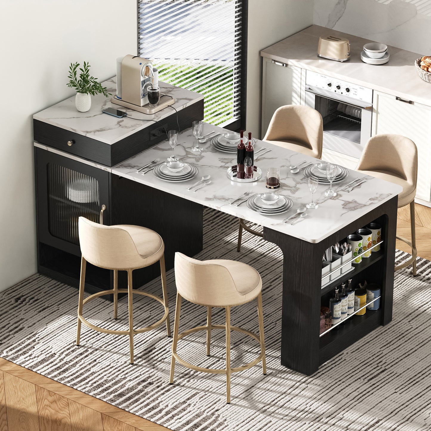 K&K 59.5 Kitchen Island With Extendable Dining Table, Storage Table