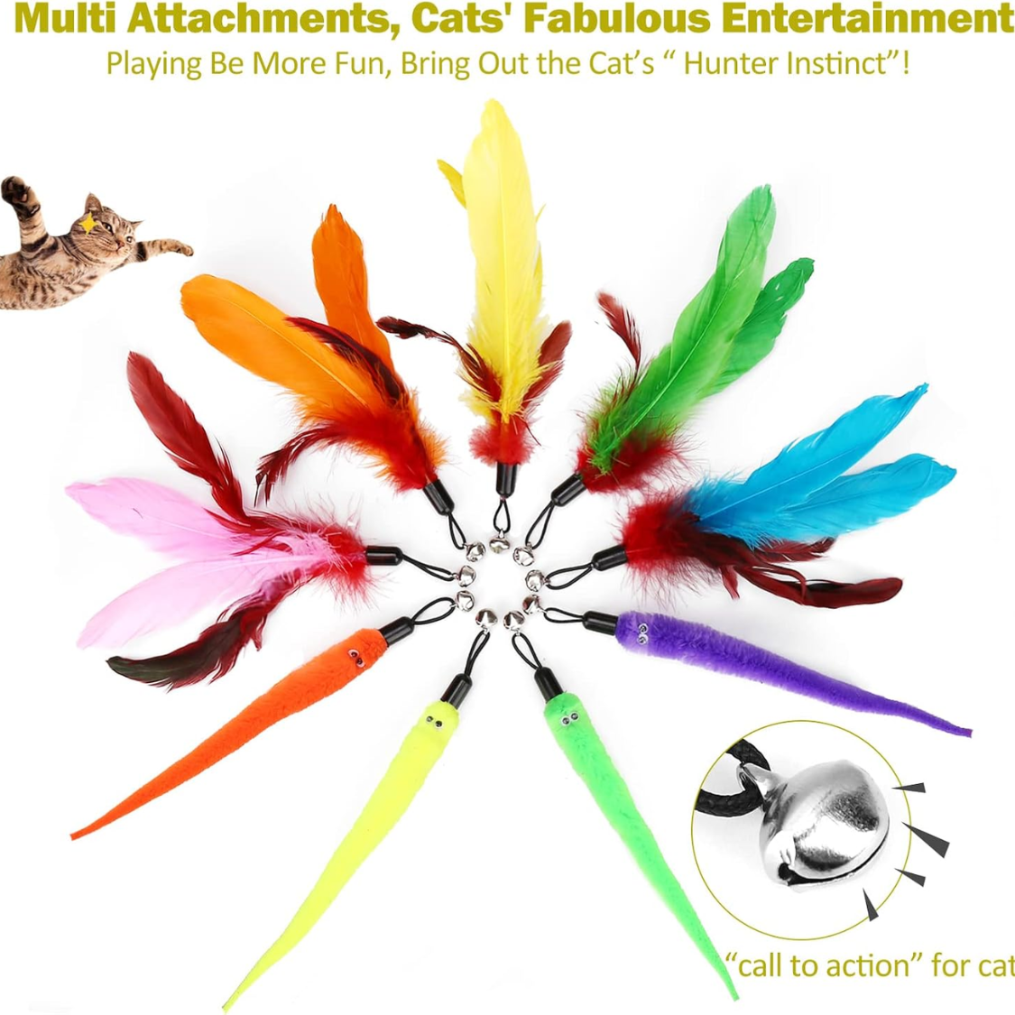Interactive Cat Toys Set with Retractable Wand & Feather Refills - Multicolor