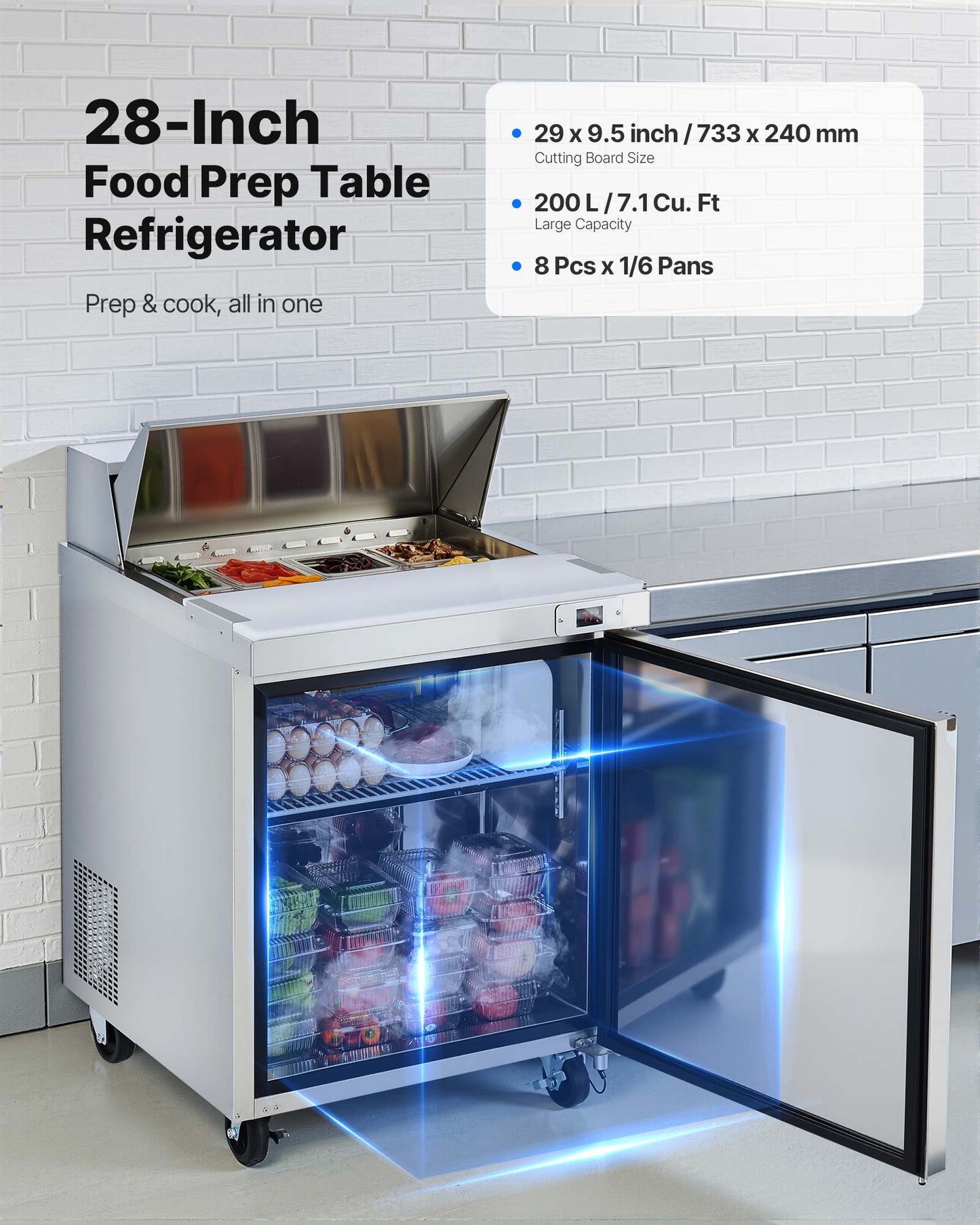 Commercial Stainless Steel Sandwich Prep Worktable with Refrigeration - 7.1 Cu Ft