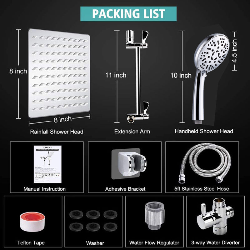 9-Function Handheld Shower Set with Stainless Steel Top Spray & Extension Rod