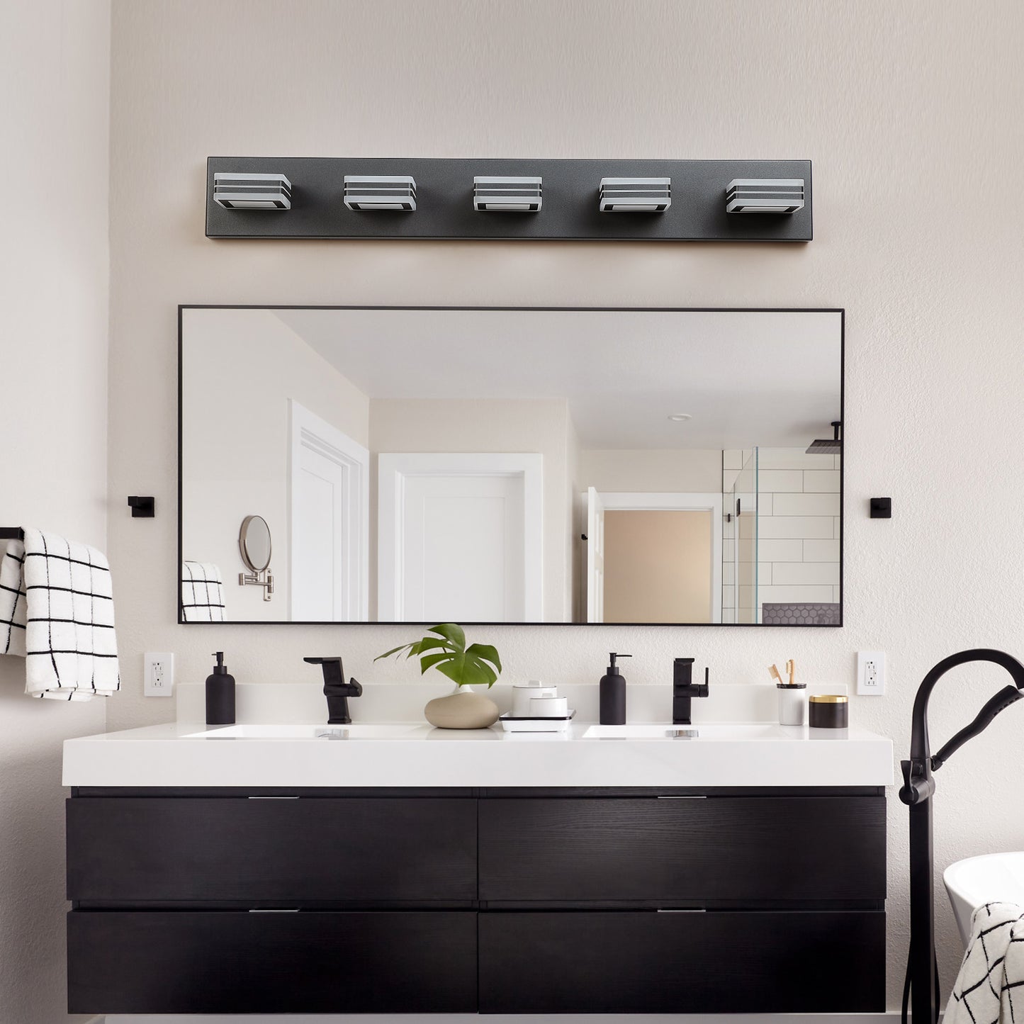 32-Inch Modern Black LED Vanity Light with Square Acrylic Shades