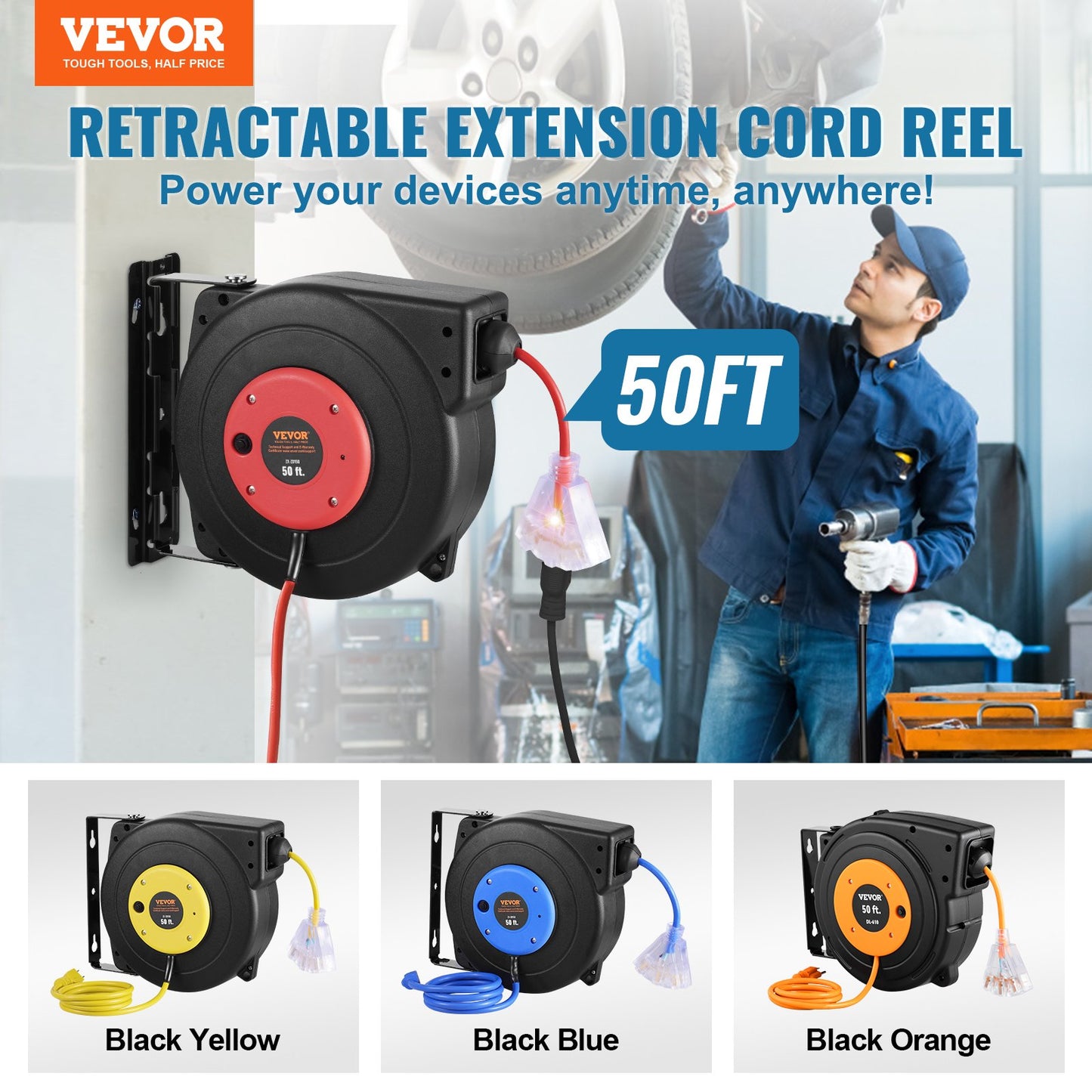 Retractable Extension Cord Reel 50FT Power Cord Reel 14AWG Water Resistant