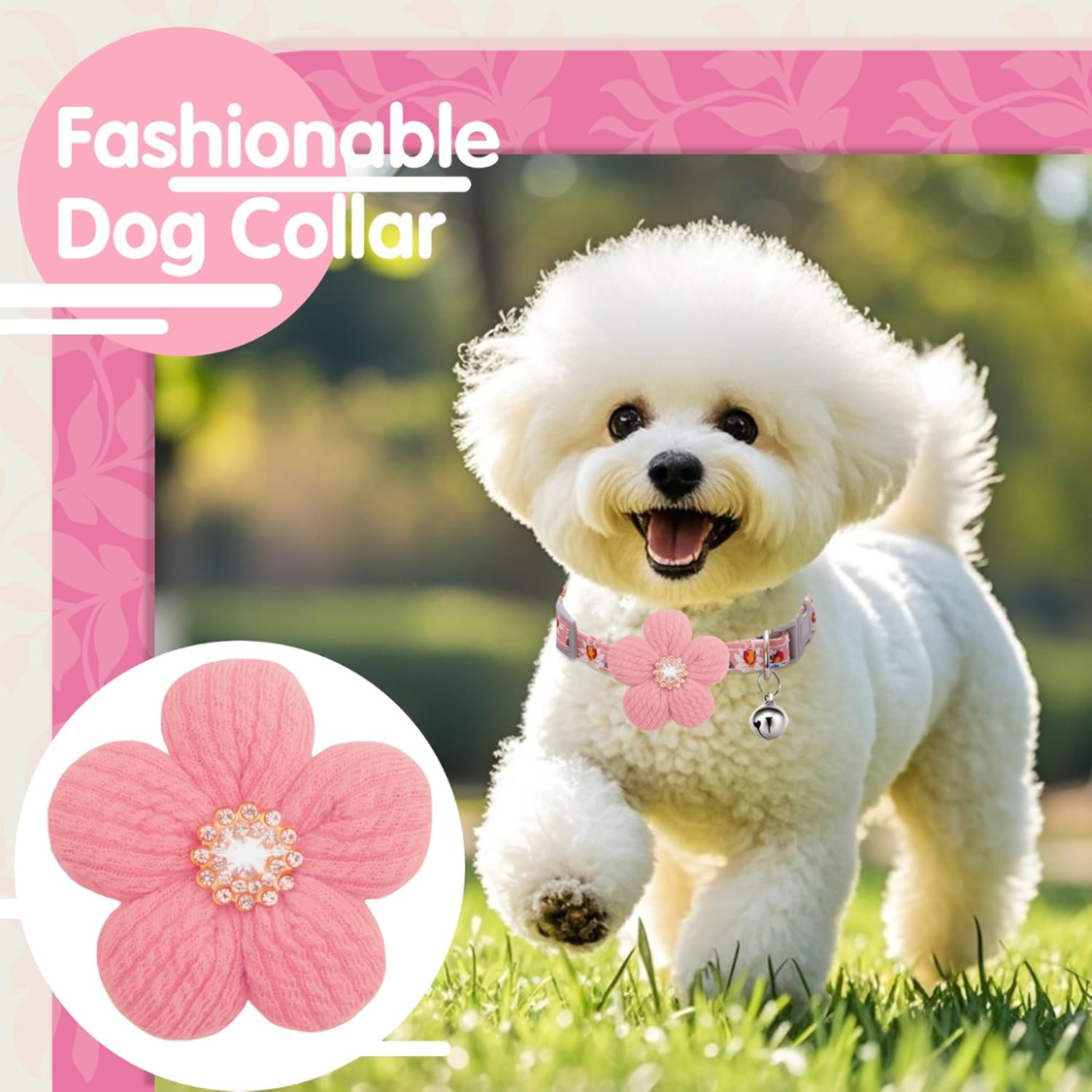 Small Dog Collar with Flower and Bell - Adjustable Spring Pet Necklace for Small Dogs