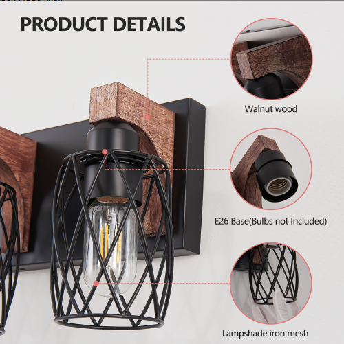 18-Inch Industrial Vintage Wall Sconce with Wooden Accents - Black Cage Wall Light Fixture for Bathroom, Hallway, Living Room