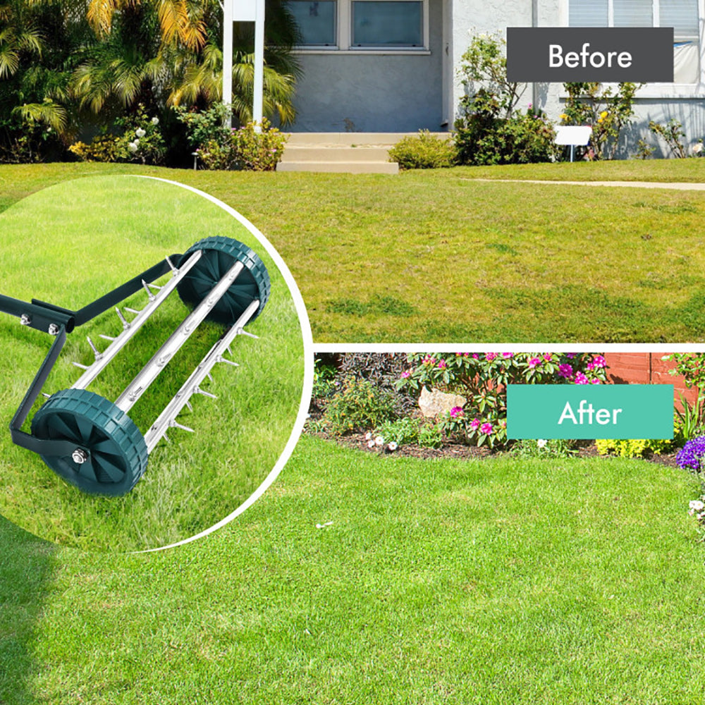 18 Inch Lawn Aerator with Detachable Handle and Steel Tines - Green Garden Tool
