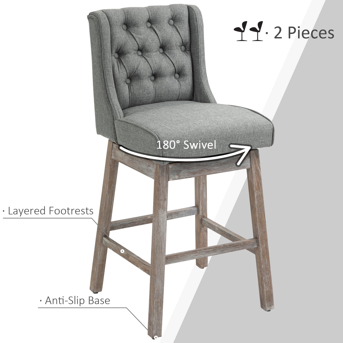 Bar Height Stools Set of 2, 180 Degree Swivel Barstools with Solid