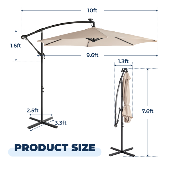 10FT Round Patio Hanging Umbrella with LED Lights - Khaki