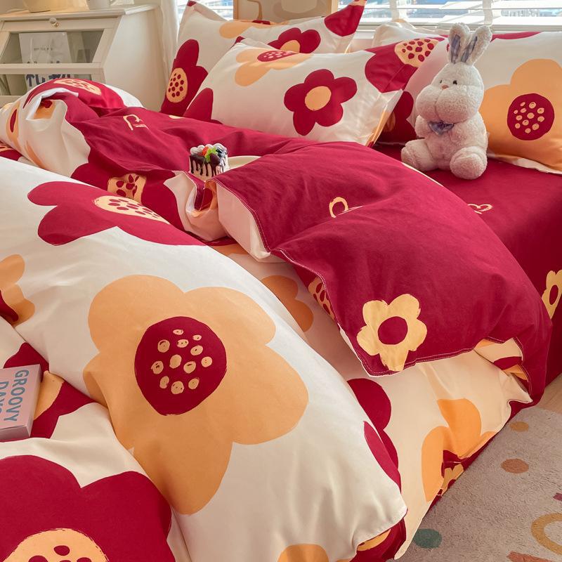 Cotton Bedding Set - Four-Piece Quilt Cover & Sheets with Skin-Friendly Sanded Finish