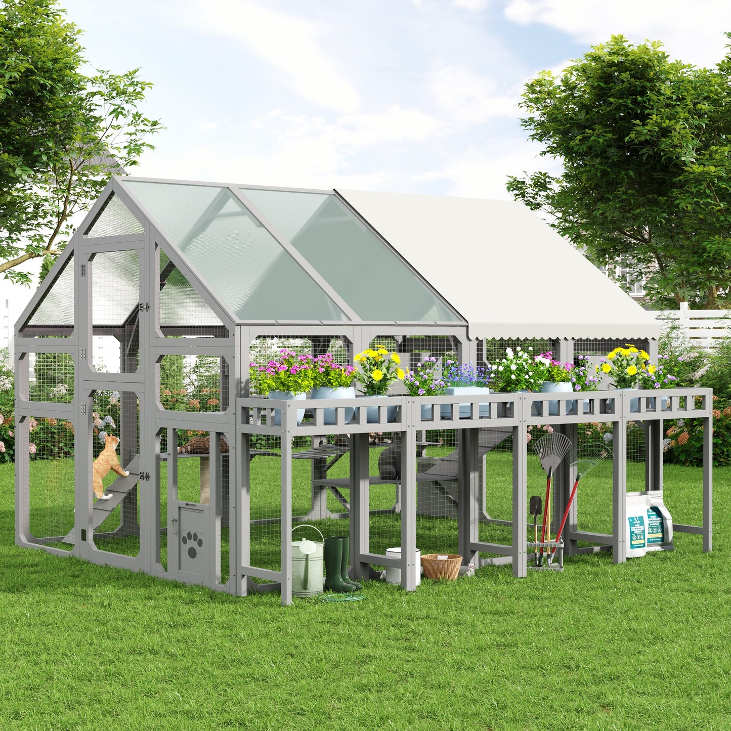 Large Outdoor Cat House With Planter Stand, Wooden Enclosure Resting