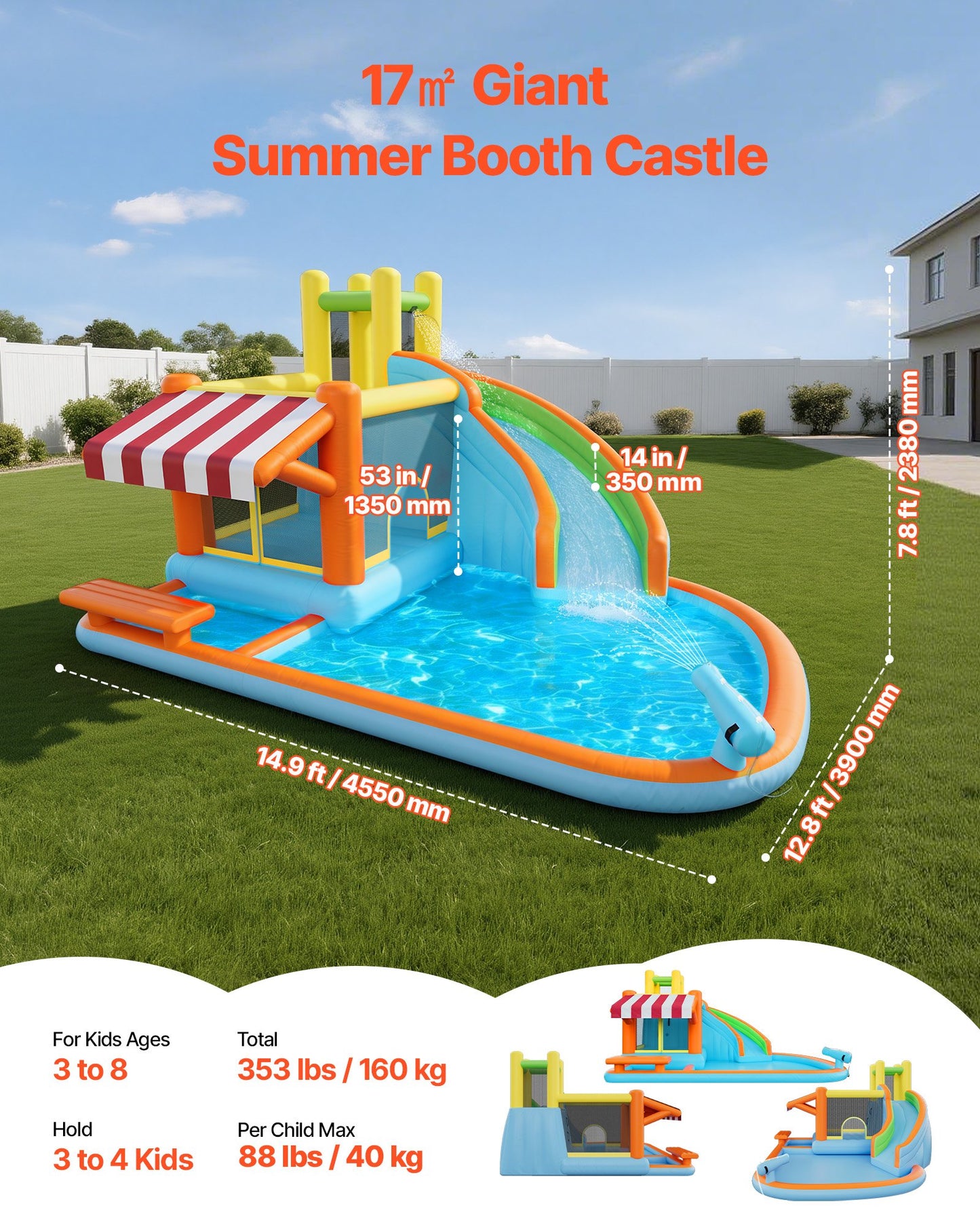 Inflatable Water Slide Bounce House for Kids - 14.9x12.8ft with Splash Pool & Market Booth