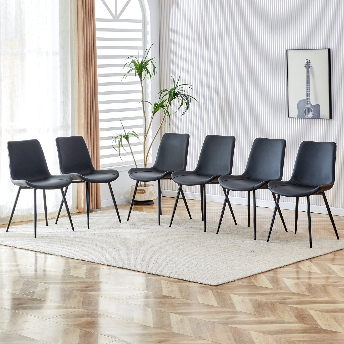 Black Artificial Leather Backrest Cushion Dining Chair, Metal Legs,