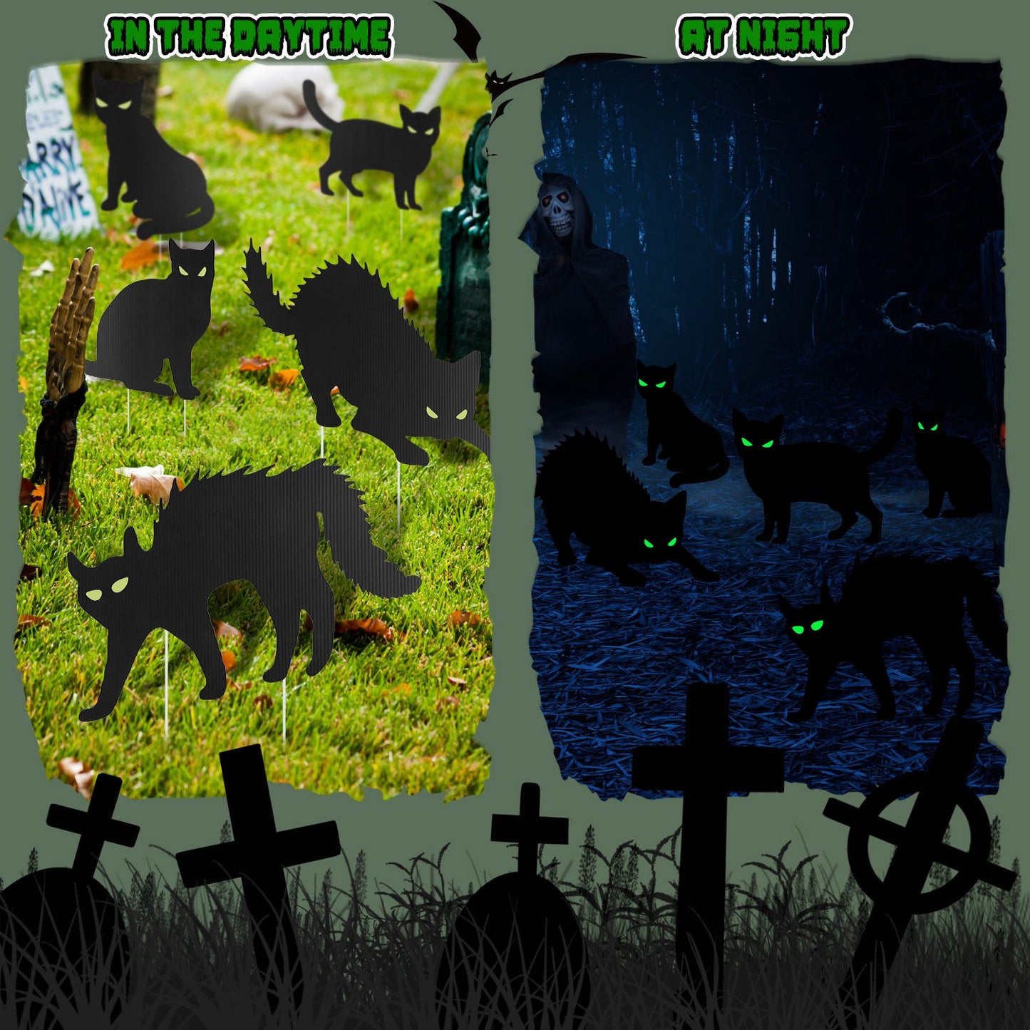 Glow In The Dark Halloween Yard Sign Set - 6 Pcs Skeleton & Cat