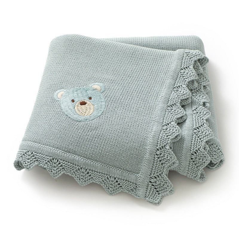 Infant Knitted Bear Embroidery Blanket - Soft Cotton Baby Covering
