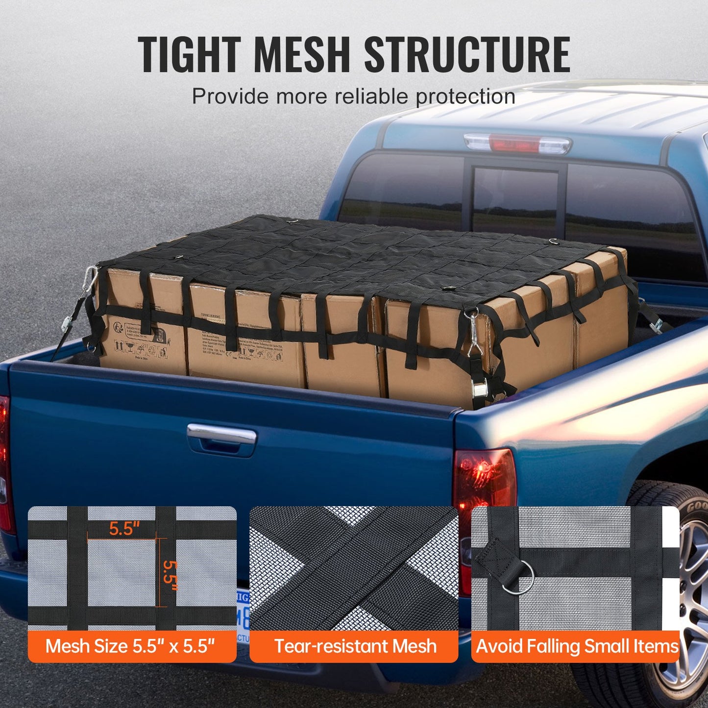 Heavy Duty Cargo Net 72x57 Inches with Adjustable Buckles & S-Hooks for Truck Bed Load Capacity 1500 lbs