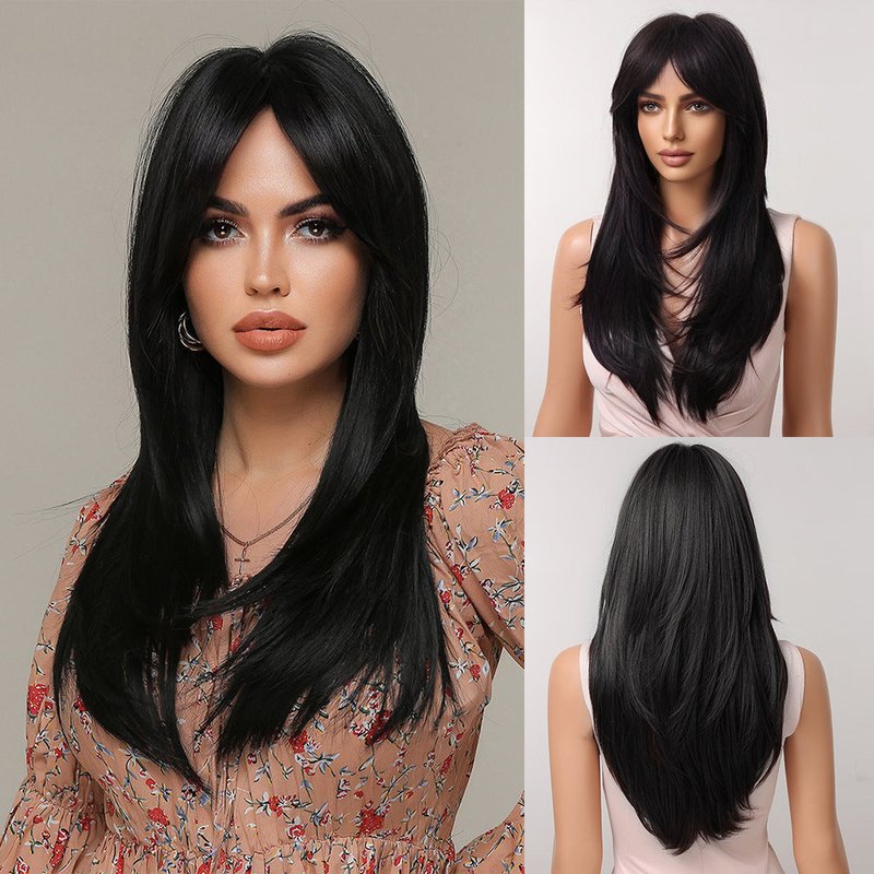 Fashionable Medium Length Synthetic Wig with Eight Character Bangs - Black or Silver