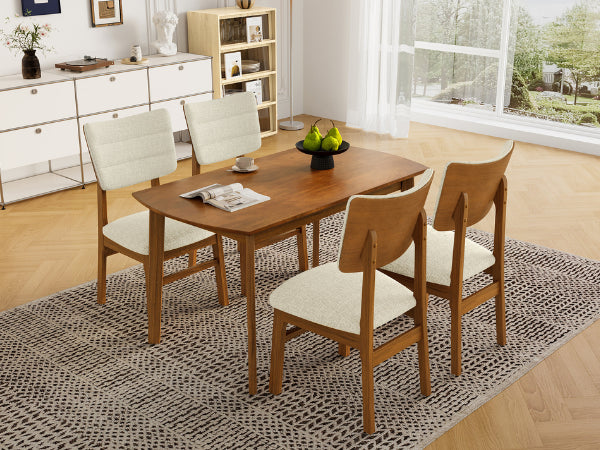 Farmhouse Dining Table Set for 4 with Upholstered Chairs - Brown & Beige